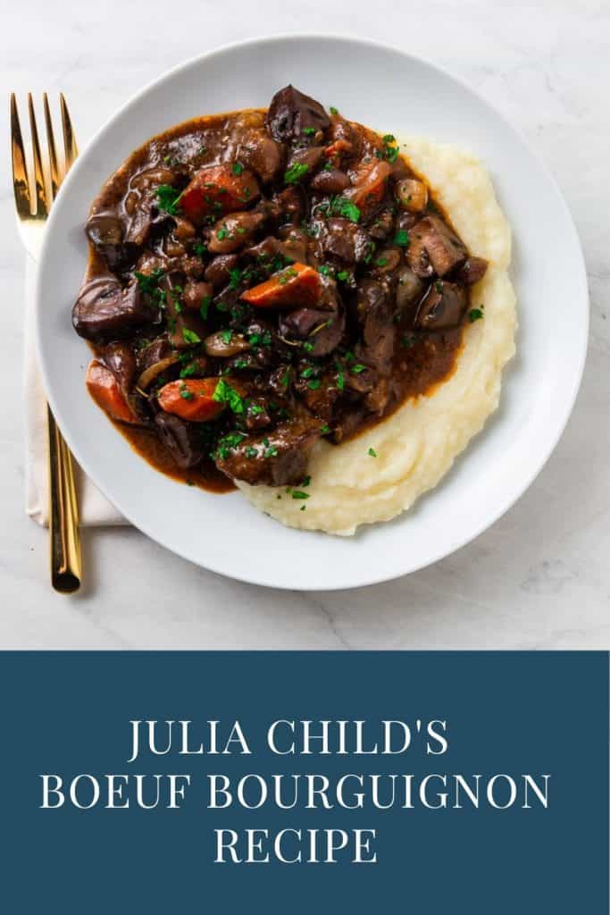 A slightly more simplified version of Julia Child's beef bourguignon recipe, with a rich red wine sauce and buttery herbed mushrooms.