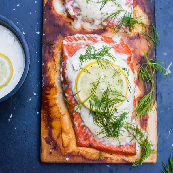 Cedar Plank Salmon Recipe with Creamy Dill Sauce