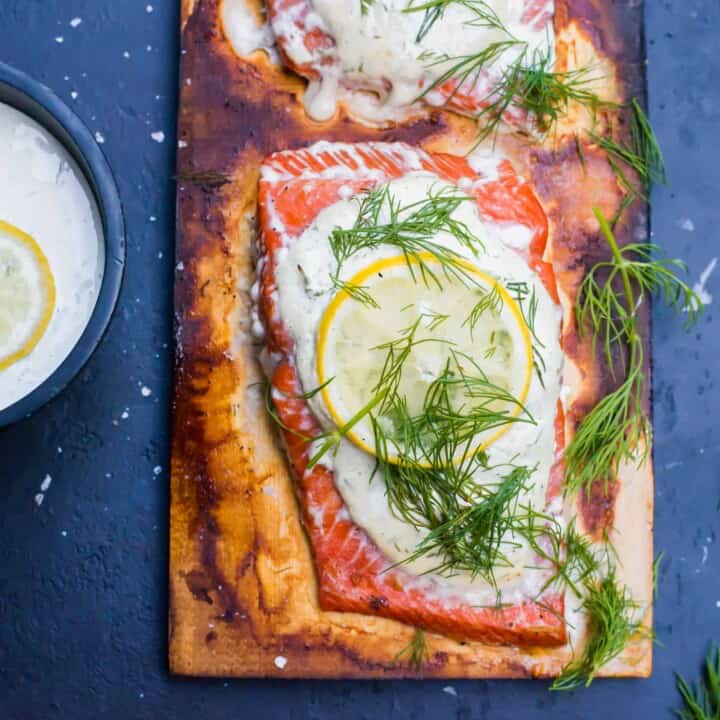Cedar Plank Salmon Recipe with Creamy Dill Sauce
