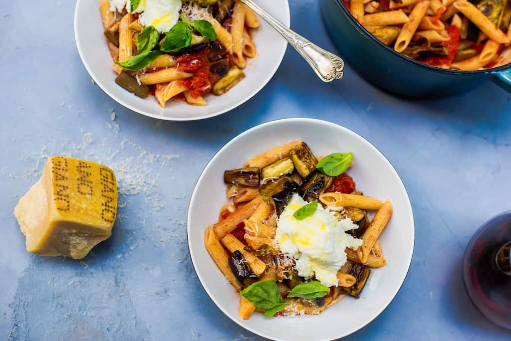 Ziti with Roasted Eggplant, San Marzano Tomatoes and Ricotta Cheese
