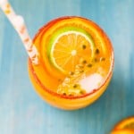 passion fruit juice is shaken with the classic flavors of a margarita. And the best part is the sweet and tart li hing mui rim.