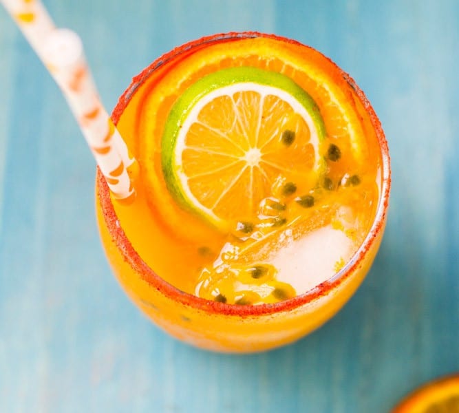 passion fruit juice is shaken with the classic flavors of a margarita. And the best part is the sweet and tart li hing mui rim.