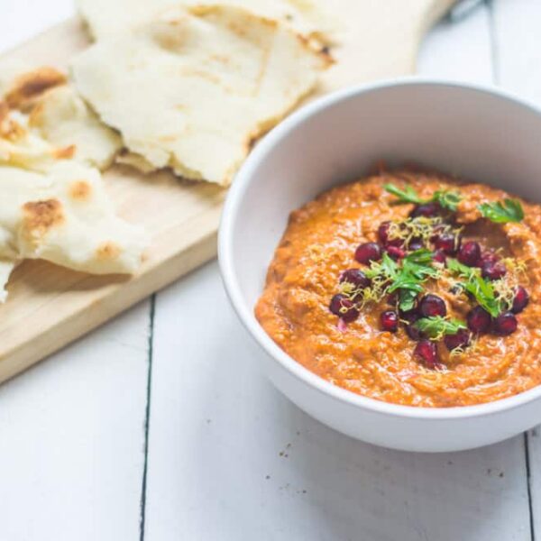 Muhammara is a savory Turkish red pepper and walnut dip flavored with pomegranate molasses and warm spices. Perfect for grilled meats or simple pita bread.