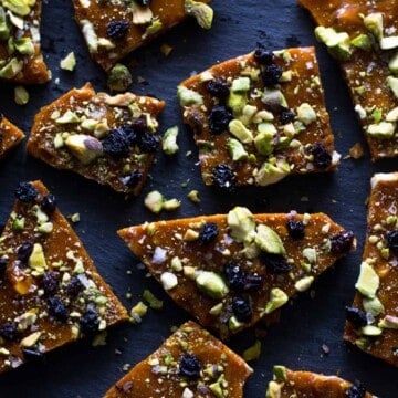 Giving brittle a Persian twist with saffron, pistachios and currants.