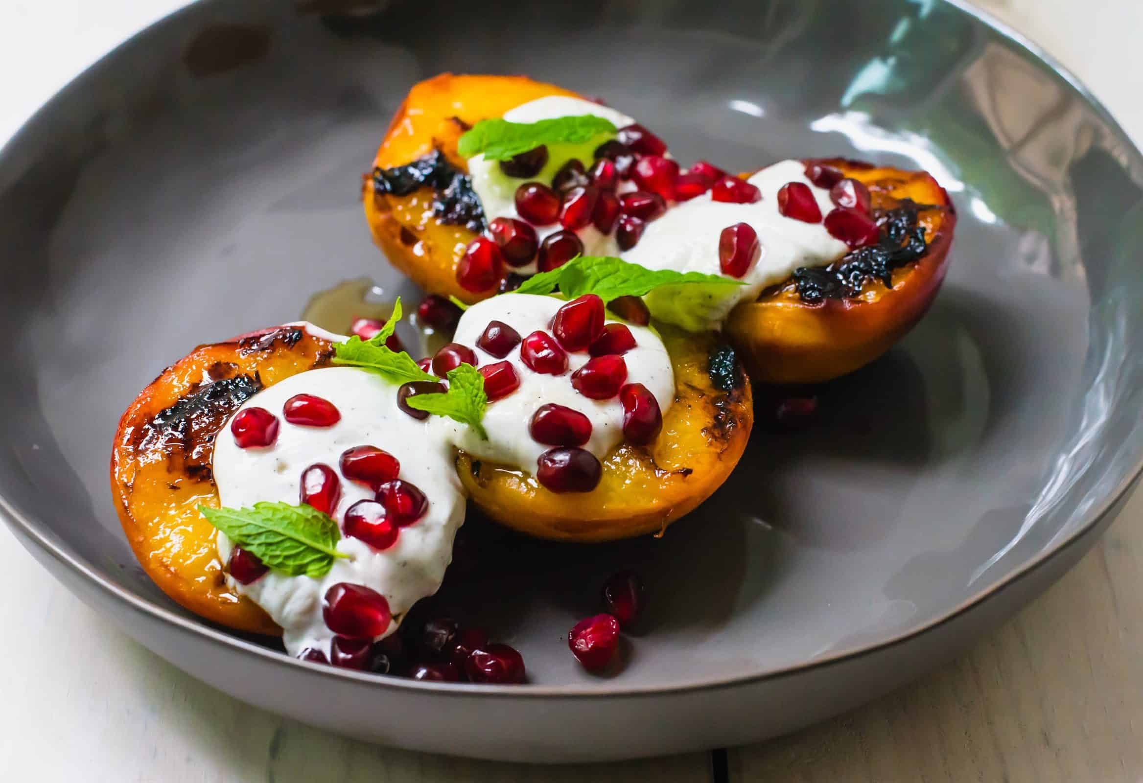 Charred Peaches with Vanilla Honey Labneh and Pomegranate