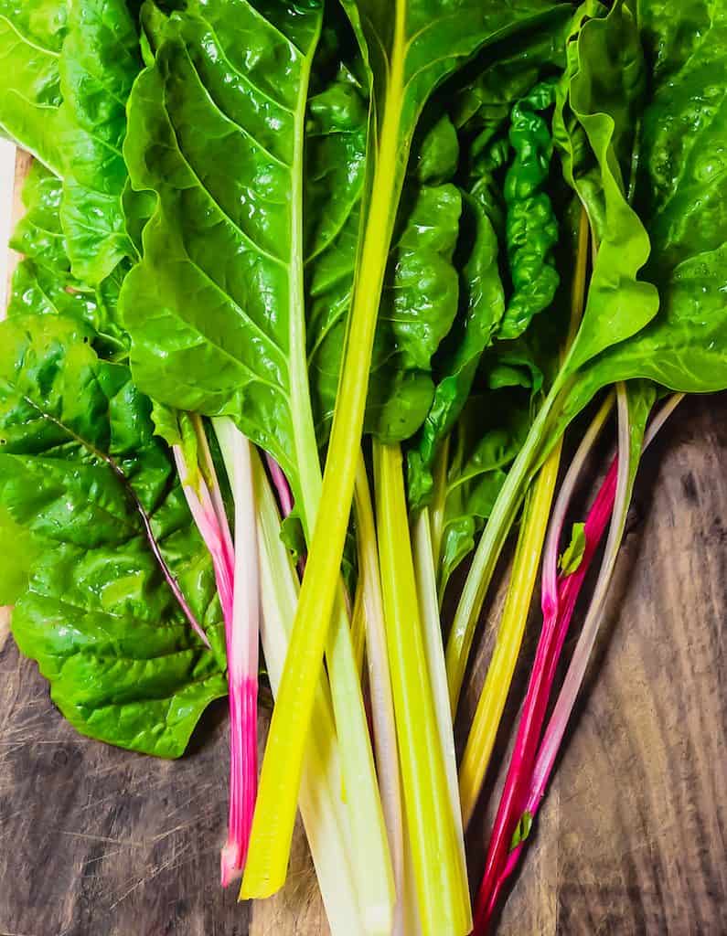 Beautiful stems of rainbow chard, perfectly easy to cook up in any recipe, such as a simple pasta.