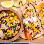 A bright and colorful salsa, filled with sweet corn, fruity mango and spicy jalapenos is the perfect addition to fish tacos.