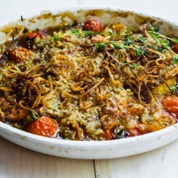 End of summers tomatoes is the perfect time to make a savory tomato crumble topped with crispy fried shallots and herb crumb topping.