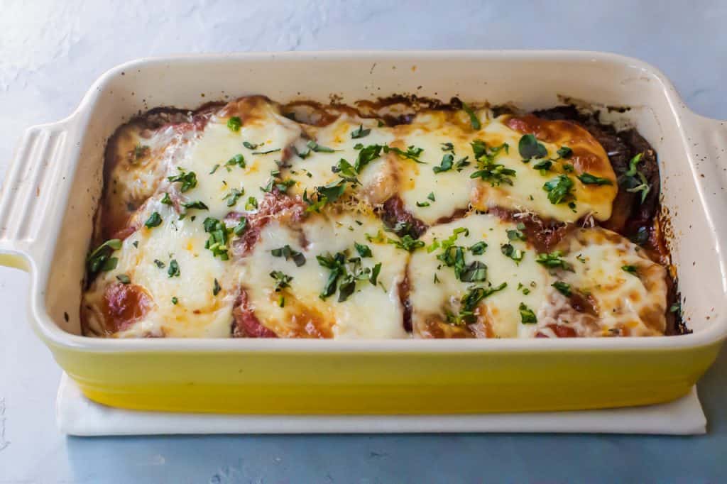 Eggplant parmesan recipe is baked in one pan.