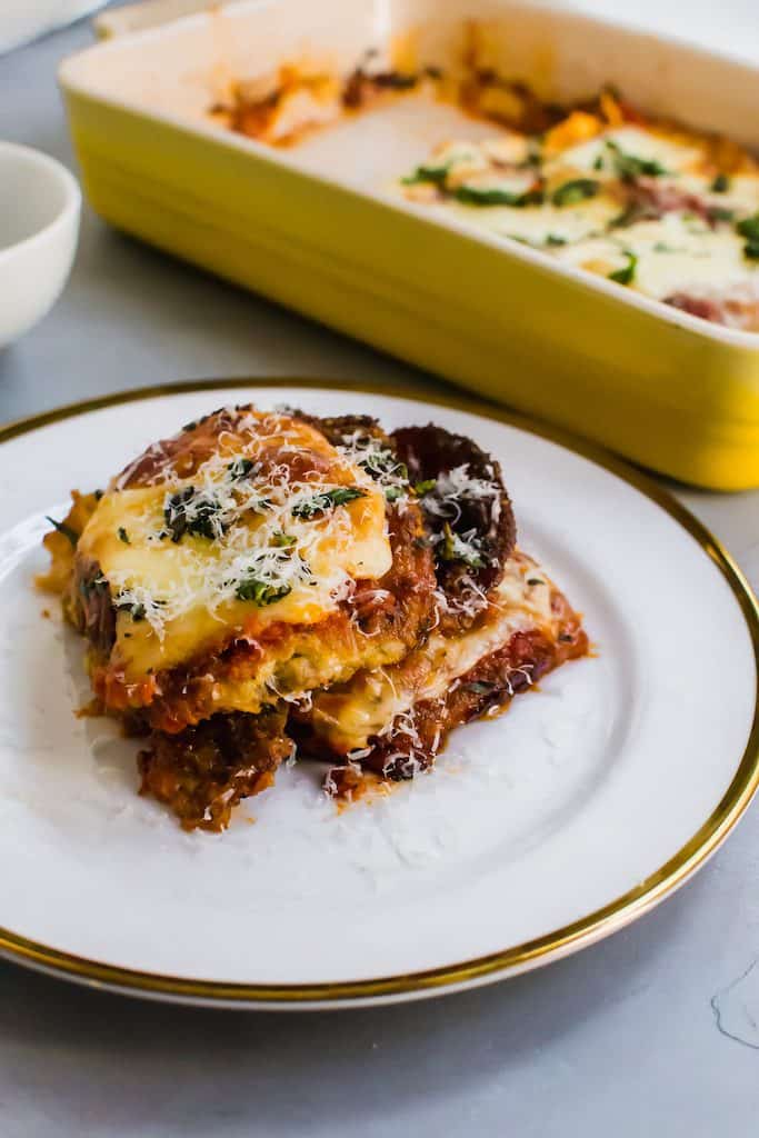 Layer eggplant parmesan casserole and serve with pasta or side salad.