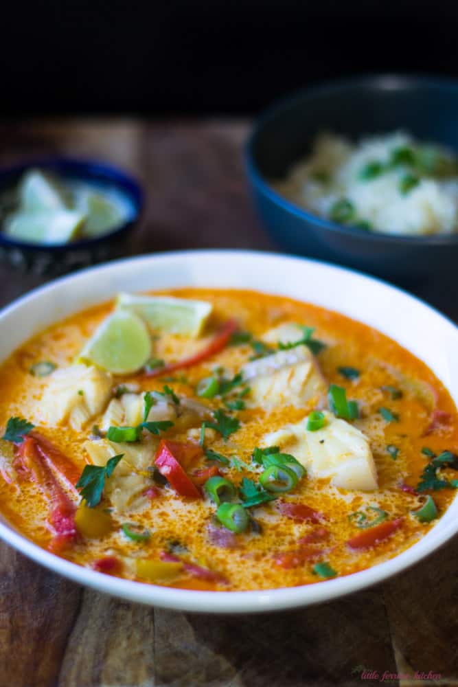 Brazilian fish stew called Moqueca is flavored with peppers, coconut milk and lime zest.