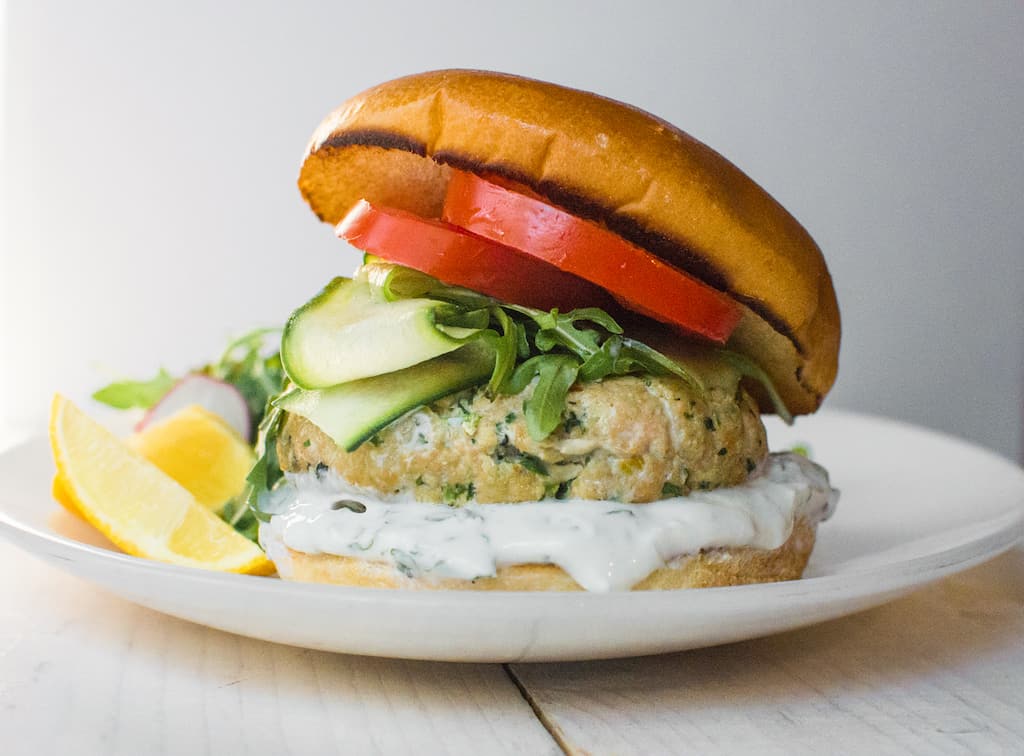 Salmon Burgers with Fried Eggs and Dill Yogurt