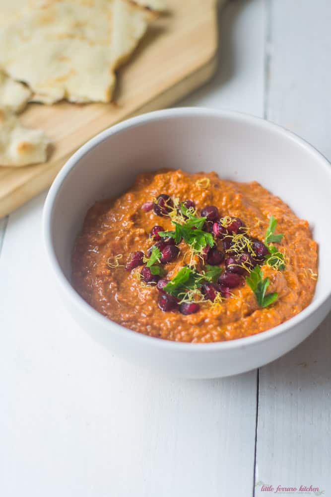 Muhammara is a savory Turkish red pepper and walnut dip flavored with pomegranate molasses and warm spices. Perfect for grilled meats or simple pita bread. 