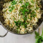 15 minutes for the most flavorful side dish. Lemon rice pilaf is cooked with orzo and toasted pine nuts, pistachios and loads of fresh herbs.
