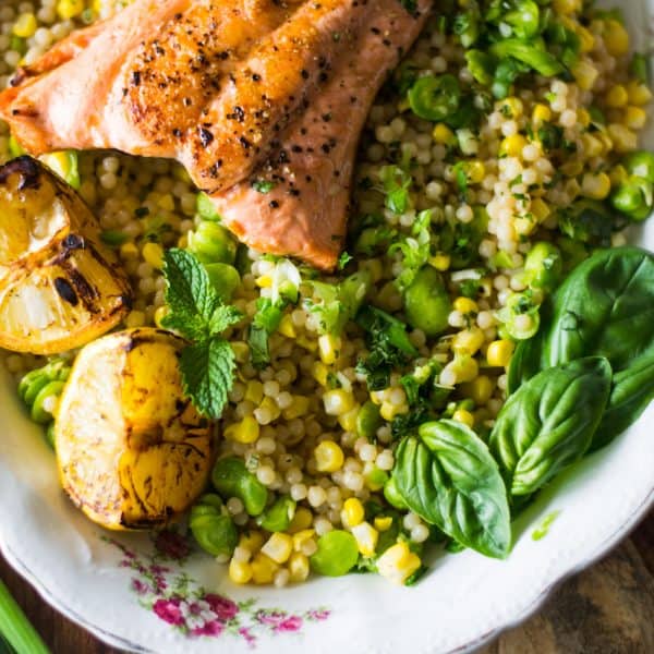 Charred Salmon with Israeli Couscous and Fava Beans