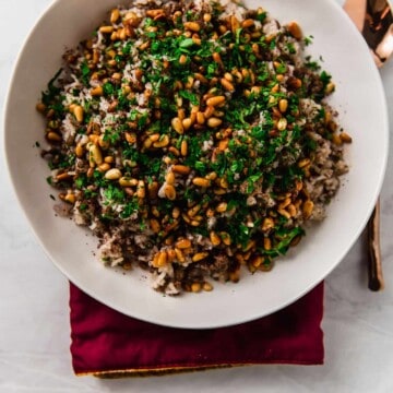 A decadent and impressive spiced rice dish that literally translates to "stuffing". Layered with warm spices of cinnamon and allspice, savory ground beef and toasted pine nuts.