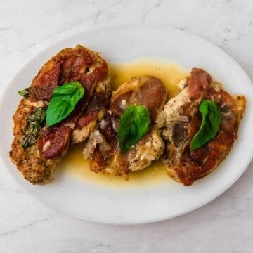 A twist on the popular Italian dish, this version of chicken saltimbocca has pounded chicken cutlets with aromatic herbes de Provence, smoky speck and fresh basil that is finished in a light white wine sauce.