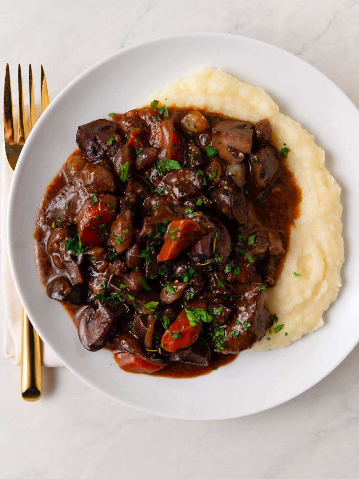 Julia Child's French beef bourguignon with red wine, mushrooms and herbs.