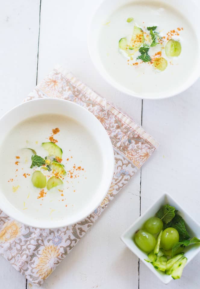 White Gazpacho is a cold refreshing Spanish soup made with almonds, sweet grapes and cool cucumbers to balance it all together. 