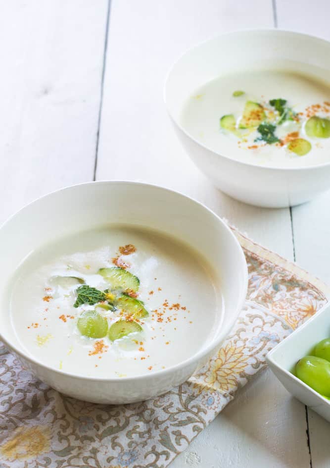 White Gazpacho is a cold refreshing Spanish soup made with almonds, sweet grapes and cool cucumbers to balance it all together.