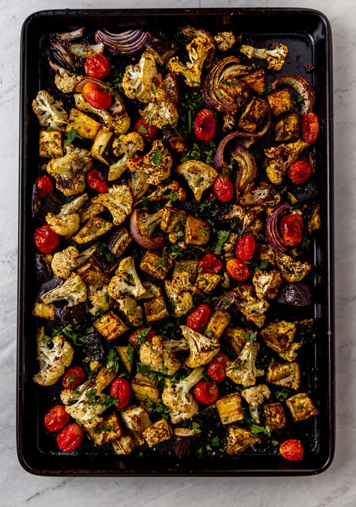 Mediterranean roasted vegetables are a simple and flavorful side dish that is seasoned with a bold spice mix of za'atar, smoky paprika, garlic and earthy turmeric. Use this blend on any combination of vegetables for a big pop of flavor.