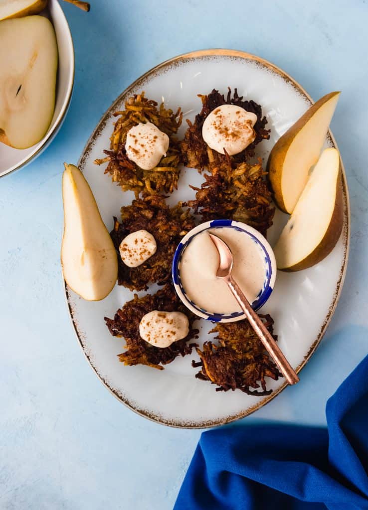 Sweet potato and pear latkes is made with fall flavors of cinnamon, nutmeg and brown sugar for a touch of sweetness.