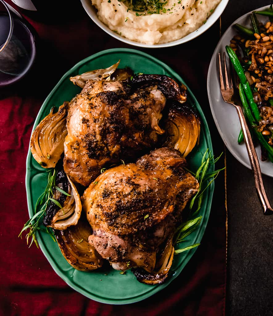 Easy roasted turkey thighs are seasoned with rosemary and tarragon and roasted with fennel until caramelized. 