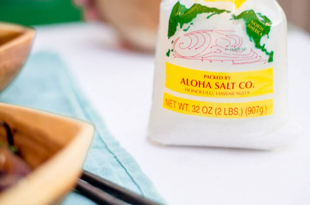 Bag of Hawaiian salt that is used in making poke and kalua pork.