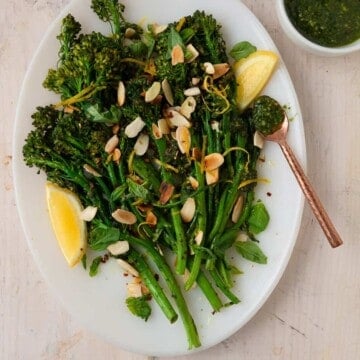 Pesto broccolini is full of flavor and made in under 30 minutes! Roasted broccolini is tossed with fresh pesto and finished with bright lemon zest.