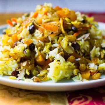 Persian Jeweled rice with dried fruit, orange and fragrant basmati.