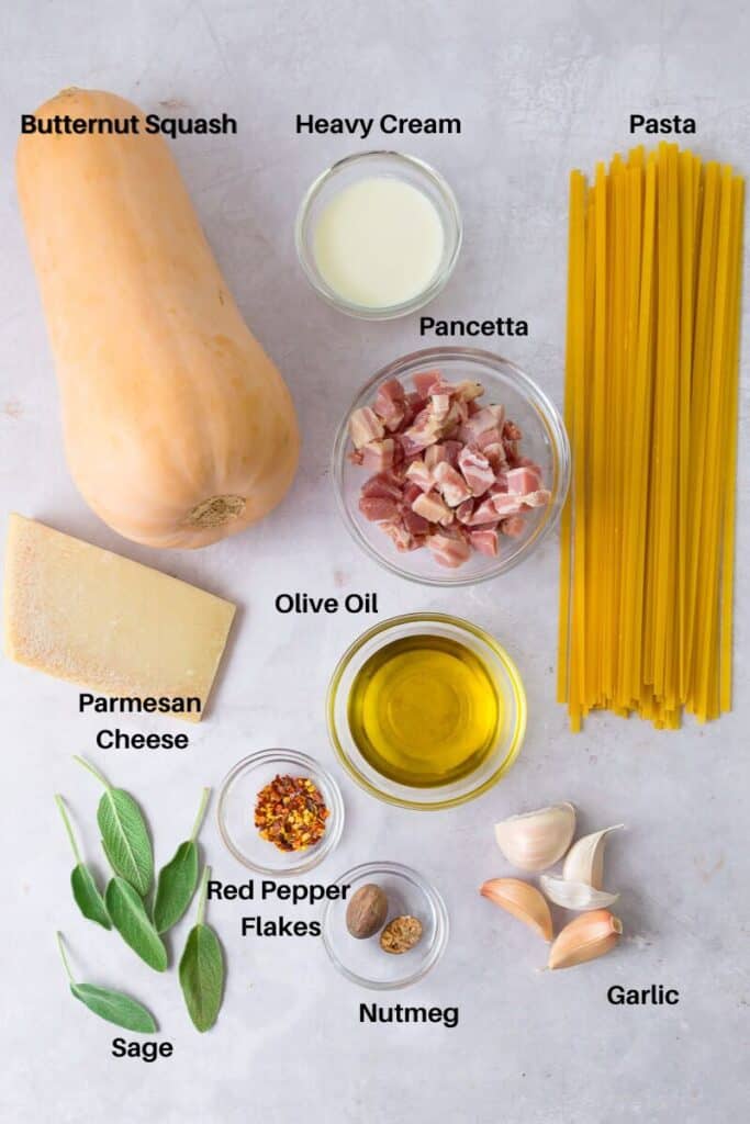 Ingredients to make creamy butternut squash pasta sauce. 