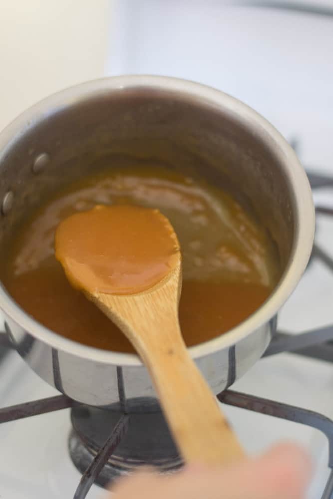 Add butter, vanilla and heavy cream to the melted brown sugar and stir until smooth and thickened.