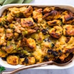 Cooked challah stuffing with sausage and leeks.