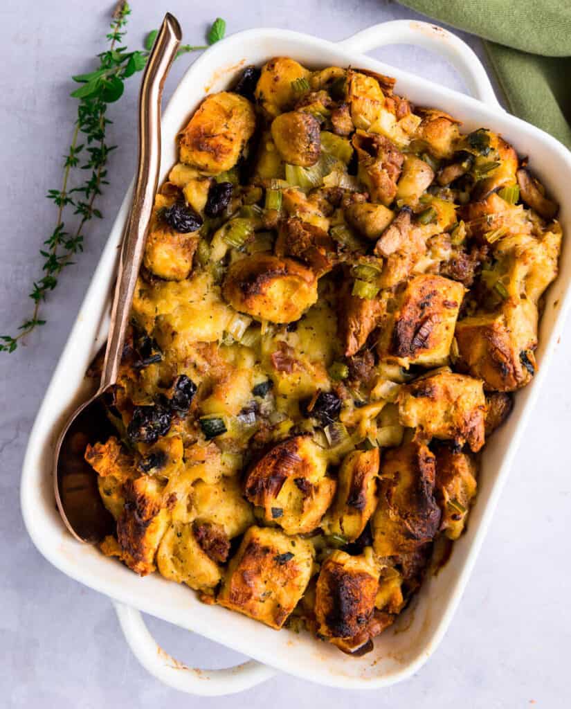Challah bread stuffing with leeks, herbs and dried cherries.