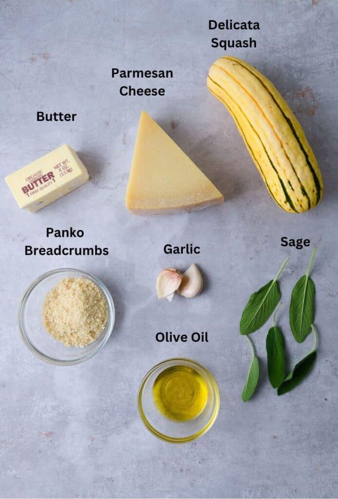 Ingredients for Parmesan roasted delicata squash with panko breadcrumbs and sage.