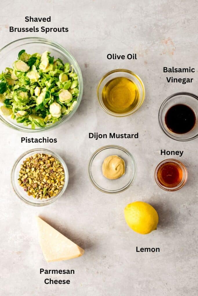 Pictured ingredients to make shaved brussels sprouts salad with parmesan.