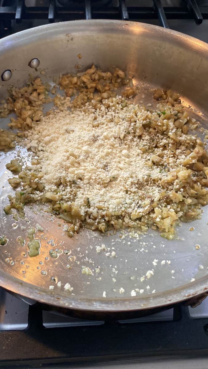 Add panko breadcrumbs to the mushroom and shallot saute.