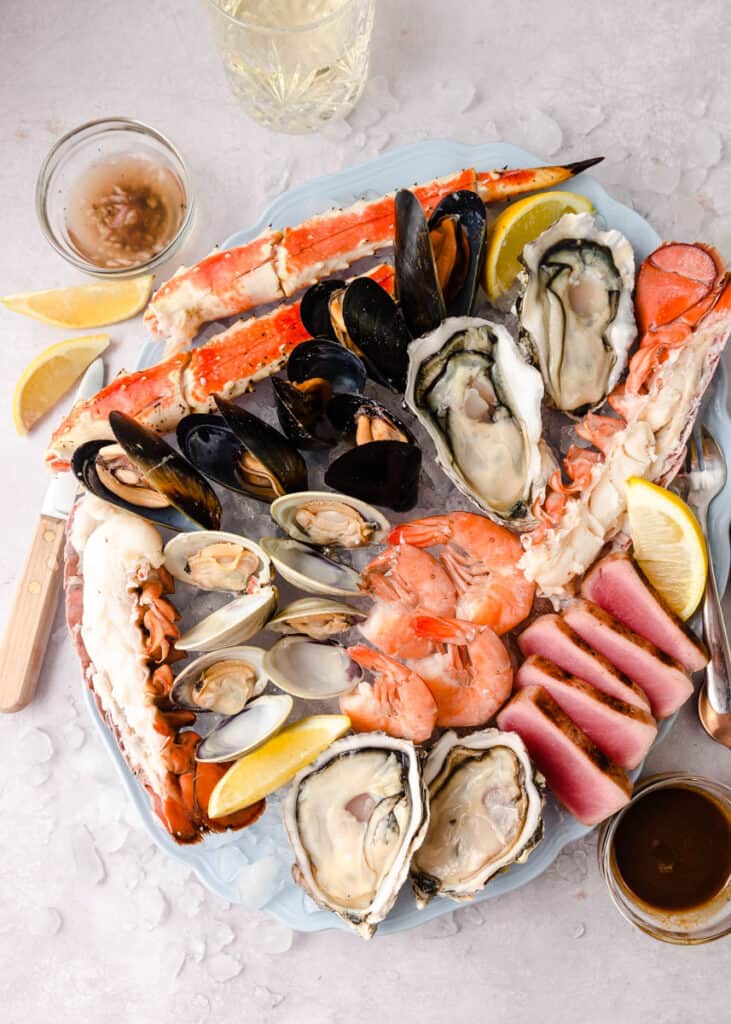 Chilled seafood platter with shrimp, clams, oysters and mussels.