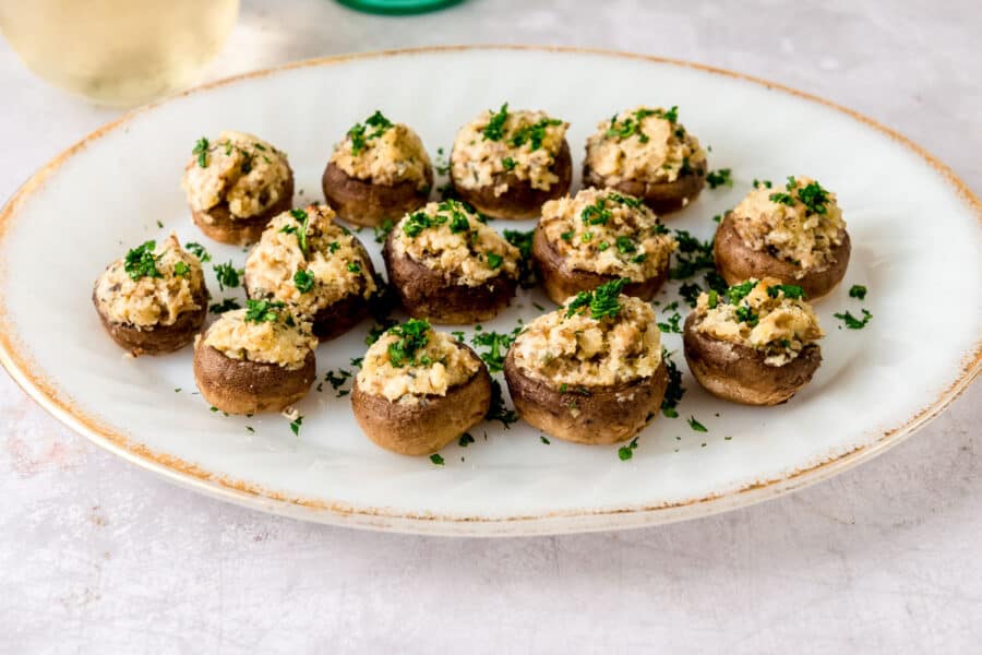 Button mushrooms stuffed with boursin cheese make an elegant appetizer.