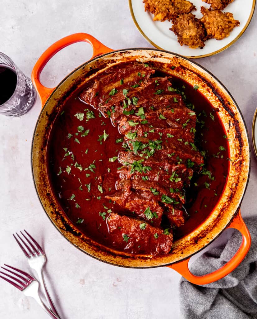 Braised sweet and sour brisket in a tomato and red wine based sauce.