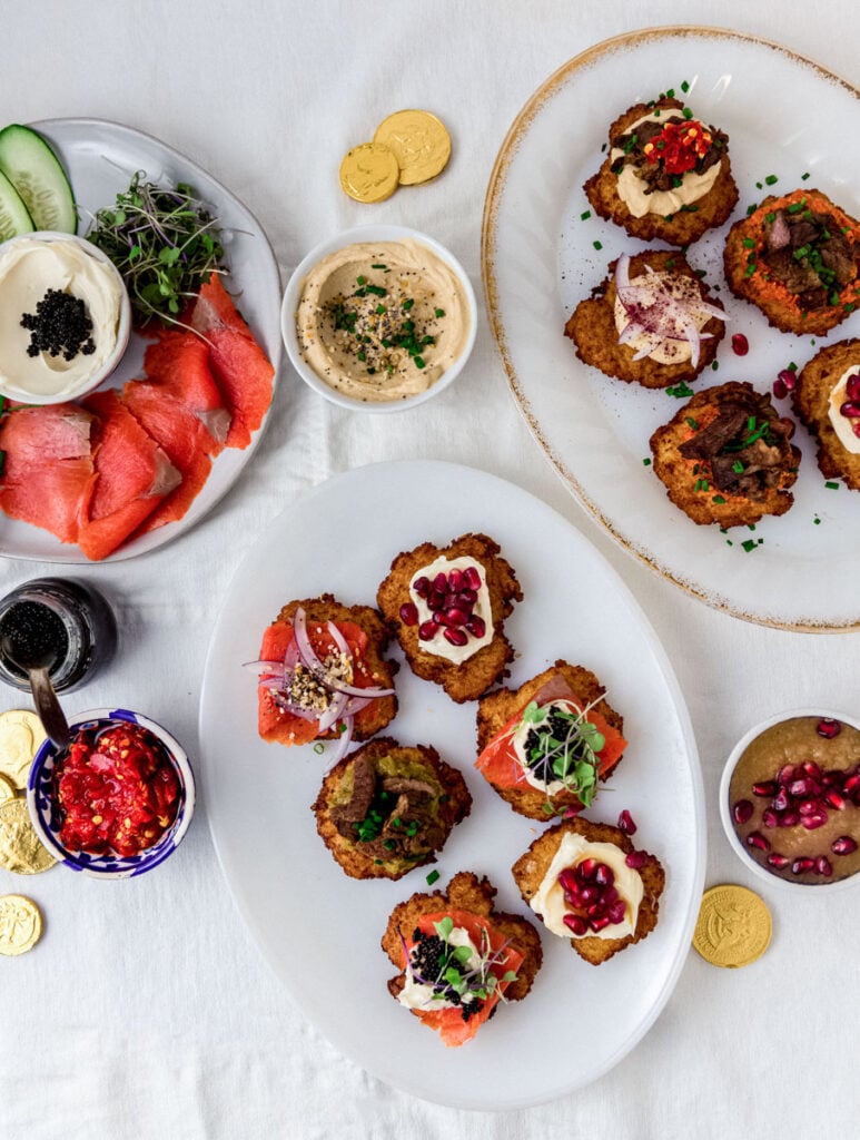 Crispy latkes with all sorts of toppings, including lox, caviar, sour cream and even hummus.