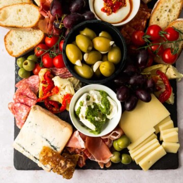 Italian charcuterie board with imported cheeses, meats, fruit and olives.