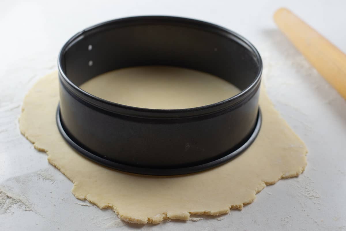 Roll our rugelach dough to a 10 inch circle, use something round such as a cheesecake pan to trace the circle if needed.