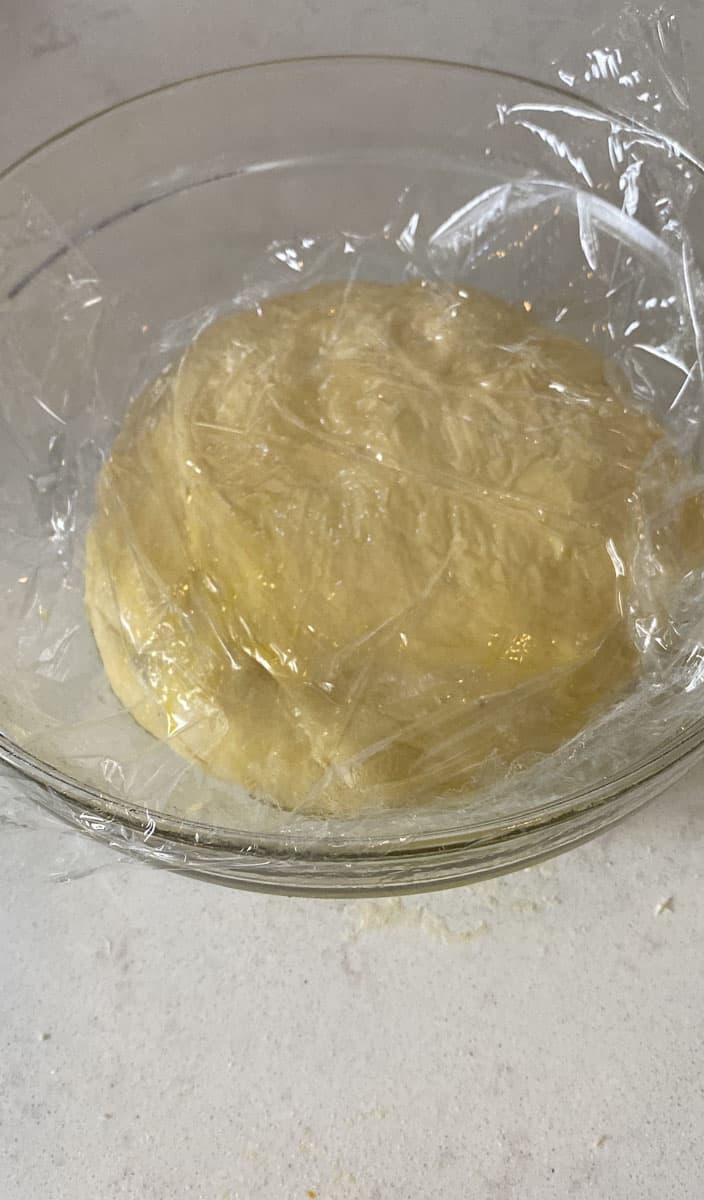 Place the donut dough in a lightly oiled bowl and cover with a sheet of plastic wrap and place in a warm spot to rise.