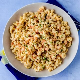 Creamy Hawaiian macaroni salad with carrot, onion and Best Foods mayo.