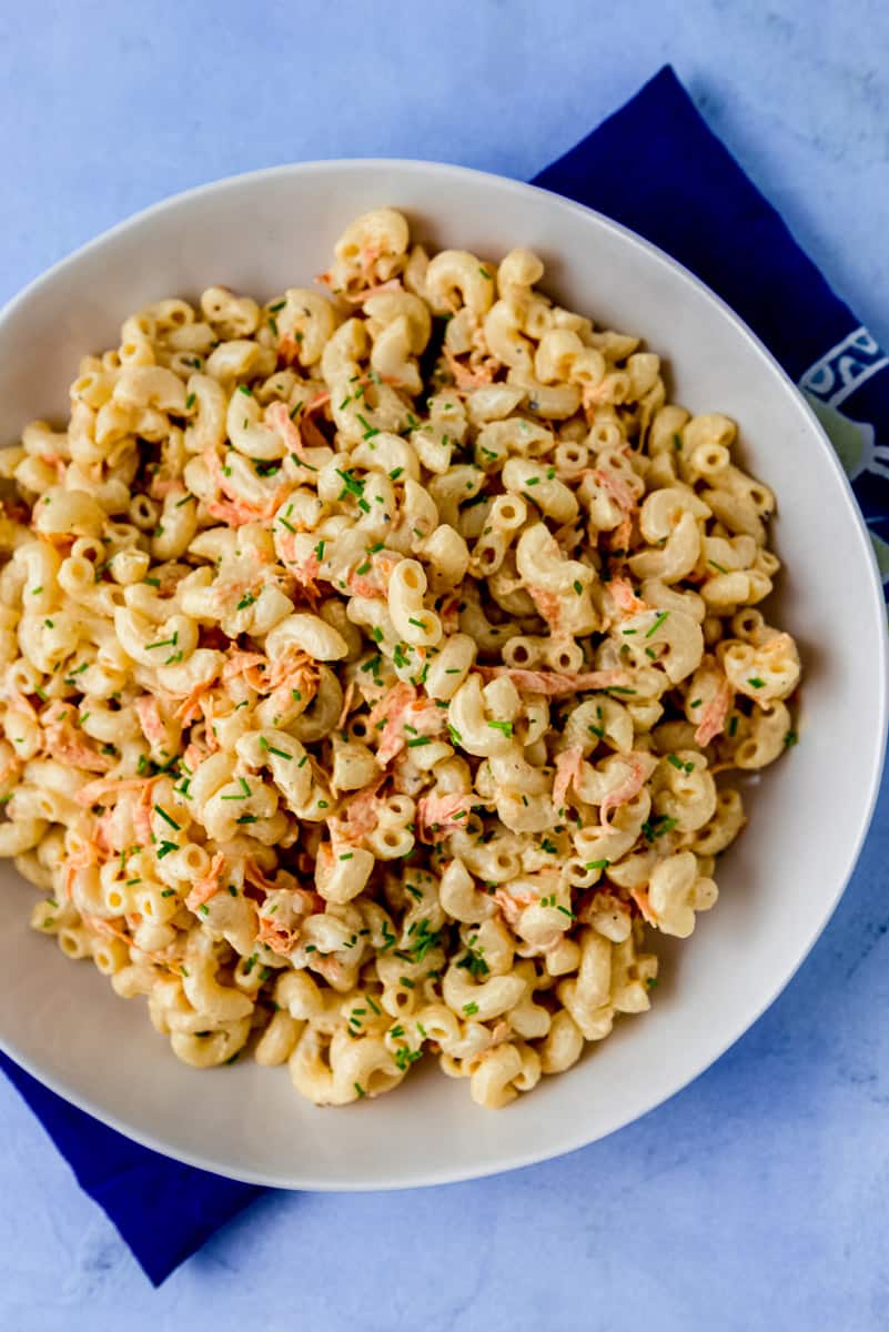 Authentic Hawaiian mac salad with grated carrot and onion.