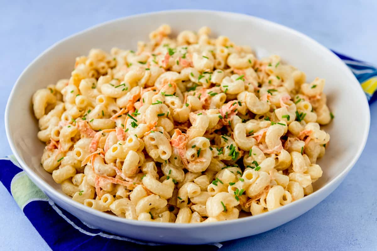 Bowl full of creamy Hawaiian mac salad.