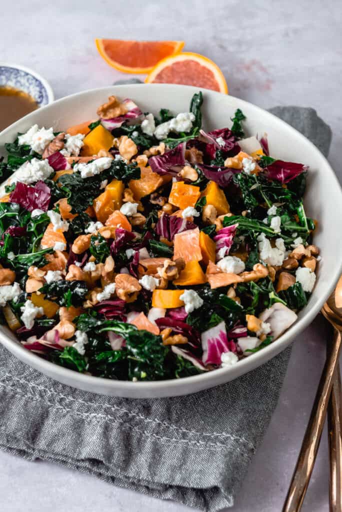 Winter kale salad with citrus, roasted beets, goat cheese and toasted walnuts.