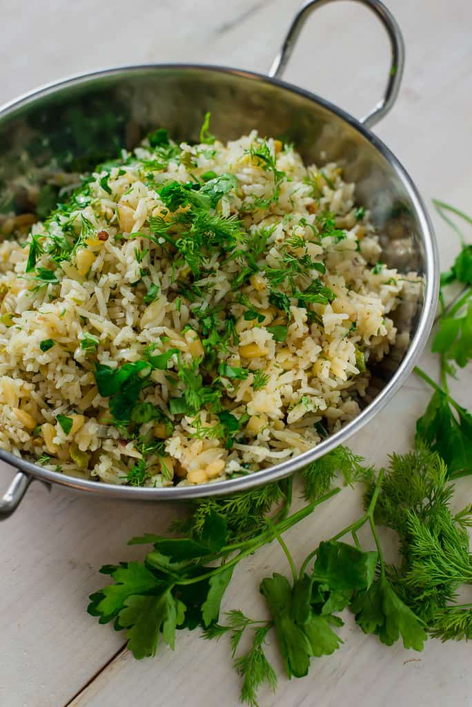 Lemon rice pilaf with orzo, dill and pistachios.