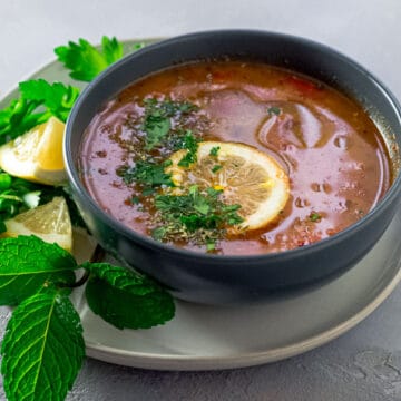 Turkish lentil soup with rice, mint and lemon.